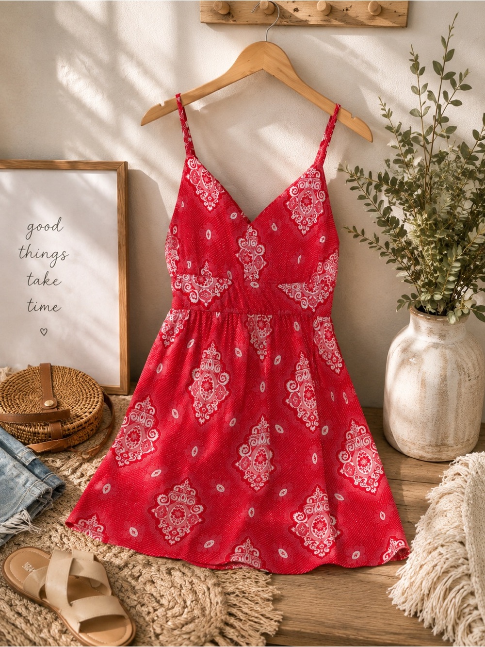 Cato Red Paisley Mini Dress with Spaghetti Straps